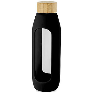 Skleněná láhev, 600ml, s bambusovým víčkem a černým silikonovým obalem