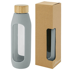 Skleněná láhev, 600ml, s bambusovým víčkem a šedým silikonovým obalem