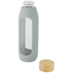 Skleněná láhev, 600ml, s bambusovým víčkem a šedým silikonovým obalem