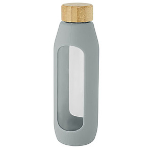 Skleněná láhev, 600ml, s bambusovým víčkem a šedým silikonovým obalem