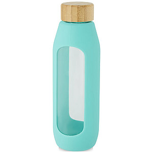 Skleněná láhev, 600ml, s bambusovým víčkem a tyrkysovým silikonovým obalem