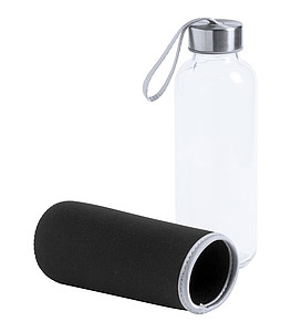 Skleněná láhev na pití, 420ml, černý neoprenový rukáv