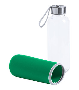 Skleněná láhev na pití, 420ml, zelený neoprenový rukáv