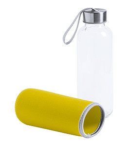Skleněná láhev na pití, 420ml, žlutý neoprenový rukáv