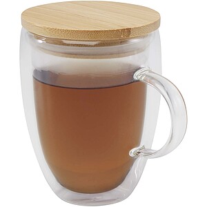 Sklenený hrnček 350 ml s bambusovým viečkom, priehľadný