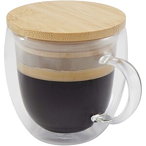 Sklenený hrnček 350 ml s bambusovým viečkom, priehľadný