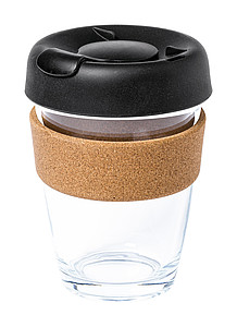 Sklenený hrnček 350ml, s plastovým viečkom a korkovým rukávom