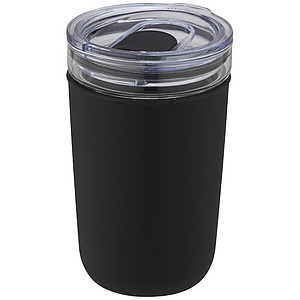 Sklenený hrnček, 420 ml, s plastovou vonkajšou stenou a viečkom, čierny