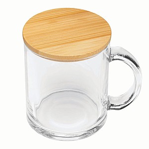 Sklenený hrnček s uškom a bambusovým viečkom, 330 ml