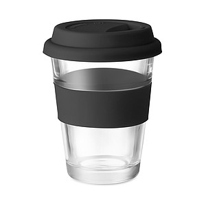 Sklenený hrnček so silikónovým viečkom a krúžkom, 350 ml, čierna