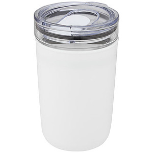 Skleněný hrnek, 420ml, s plastovou vnější stěnou a víčkem, bílý