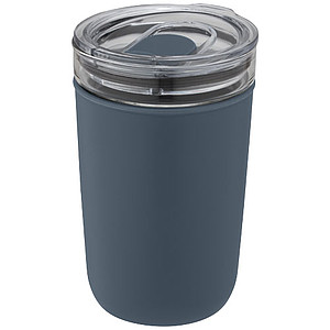 Skleněný hrnek, 420ml, s plastovou vnější stěnou a víčkem, modrý