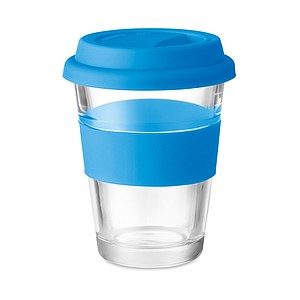 Skleněný hrnek se silikonovým víčkem a kroužkem, 350ml, modrá - reklamní hrnky