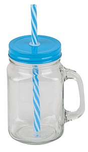 Sklenice s uchem, modrým víčkem a brčkem, 400ml - sklenice s vlastním potiskem