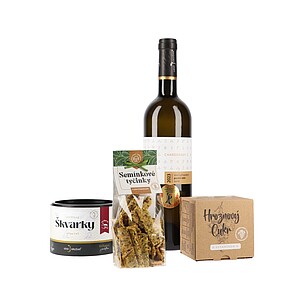 ŠKORCEM Darčeková sada vína Chardonnay, semienkových tyčiniek, bravčových škvarkov a hroznového cukru