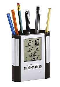 Stolný hod.-budík s LCD displejom, stojan na perá, strieb.-čierna
