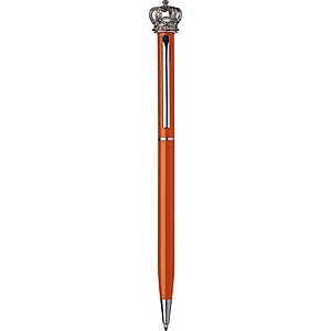 Tenká kovová propiska s modrou náplní, krystalem Swarovski a korunkou, oranžová