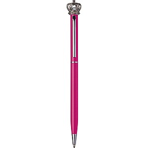 Tenká kovová propiska s modrou náplní, krystalem Swarovski a korunkou, růžová