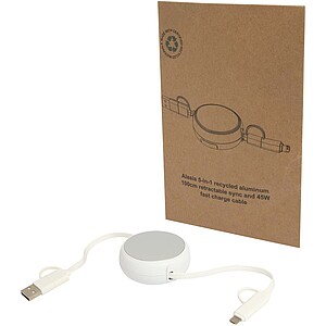 Vysouvací datový synchronizační a rychlonabíjecí 45W kabel 5 v 1 o délce 100 cm z recyklovaného plastu a hliníku, stříbrný
