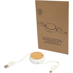 Vysouvací rychlonabíjecí datový kabel 5 v 1, 45W, 100 cm, recyklovaný plast a bambus, bílá