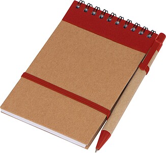 Zápisníček s kroužkovou vazbou, linkovanými listy a propiskou, červená