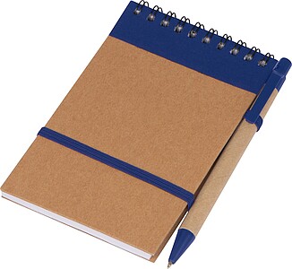 Zápisníček s kroužkovou vazbou, linkovanými listy a propiskou, modrá