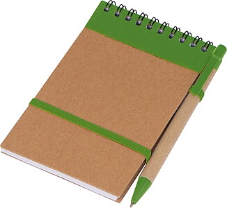 Zápisníček s kroužkovou vazbou, linkovanými listy a propiskou, zelená