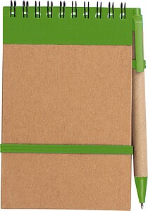Zápisníček s kroužkovou vazbou, linkovanými listy a propiskou, zelená