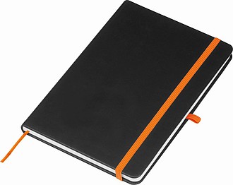Zápisník A5, černé desky, oranžová gumička