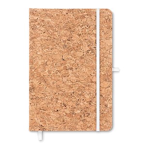 Zápisník A5 linkovaný s korkovými deskami, poutko na tužku a elastická gumička pro zavírání je bílá