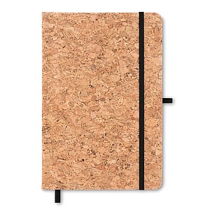Zápisník A5 linkovaný s korkovými deskami, poutko na tužku a elastická gumička pro zavírání je černé